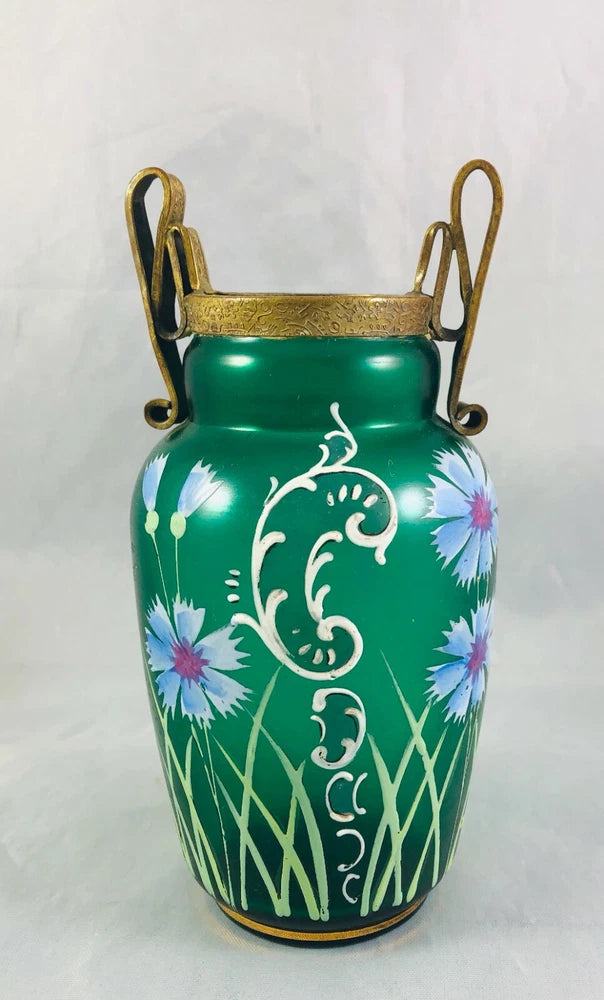 Antique art glass vase, satin green with hand-painted blue flowers and gold metal handles