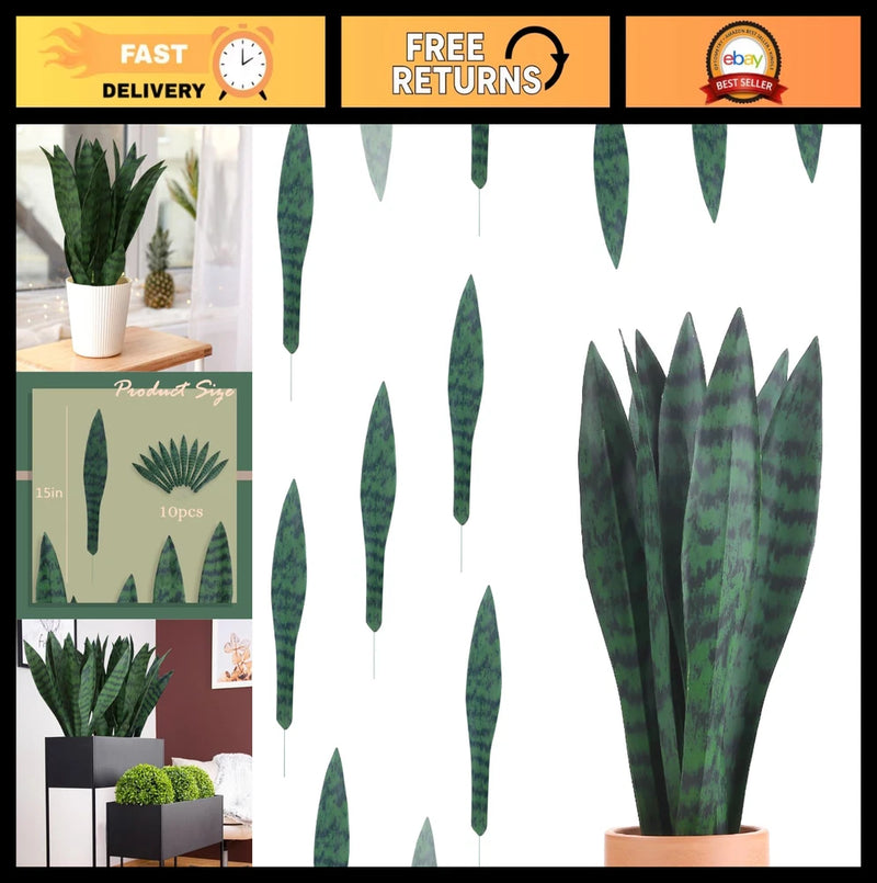 Set of faux snake plant leaves, dark green striped stems for home decor