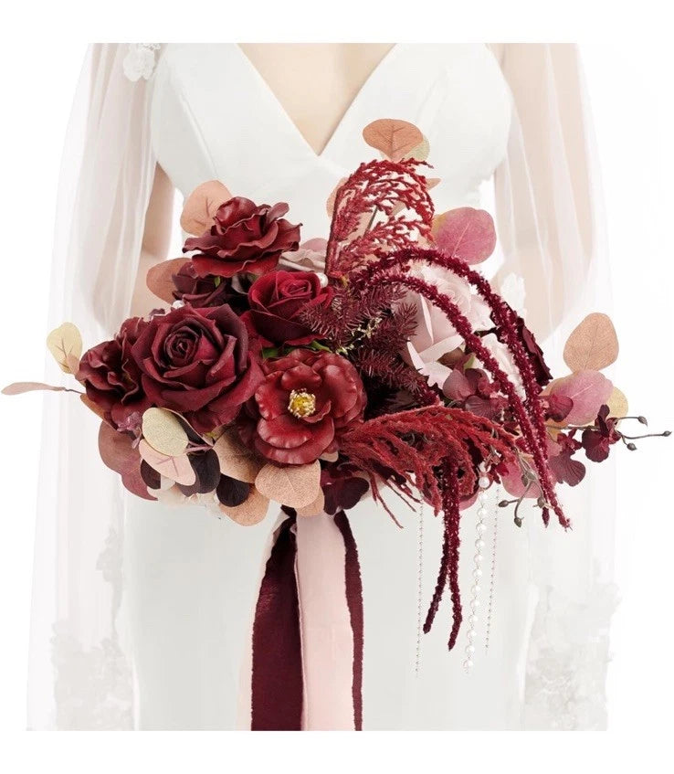 LingÕs Moment Red Burgundy Bridal Bouquet, Masala Wedding Bouquets 11 inch Bouquet