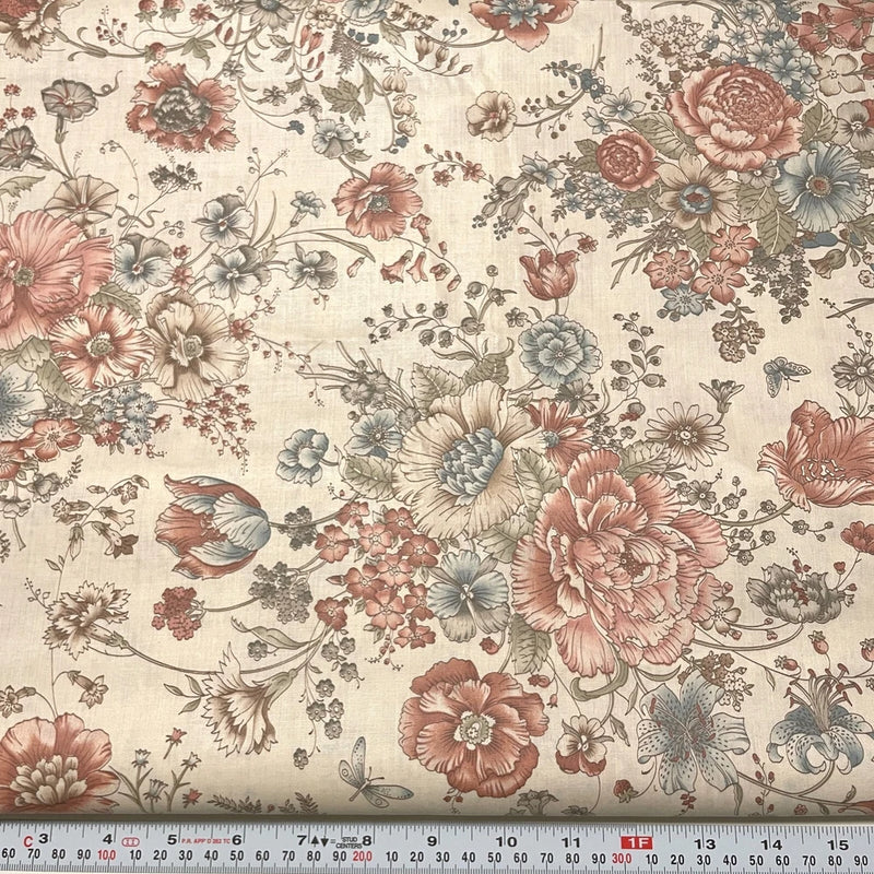 Vintage Joan Kessler for Concord Florals Beige Polished Cotton by the HALF YARD Flowering Plants