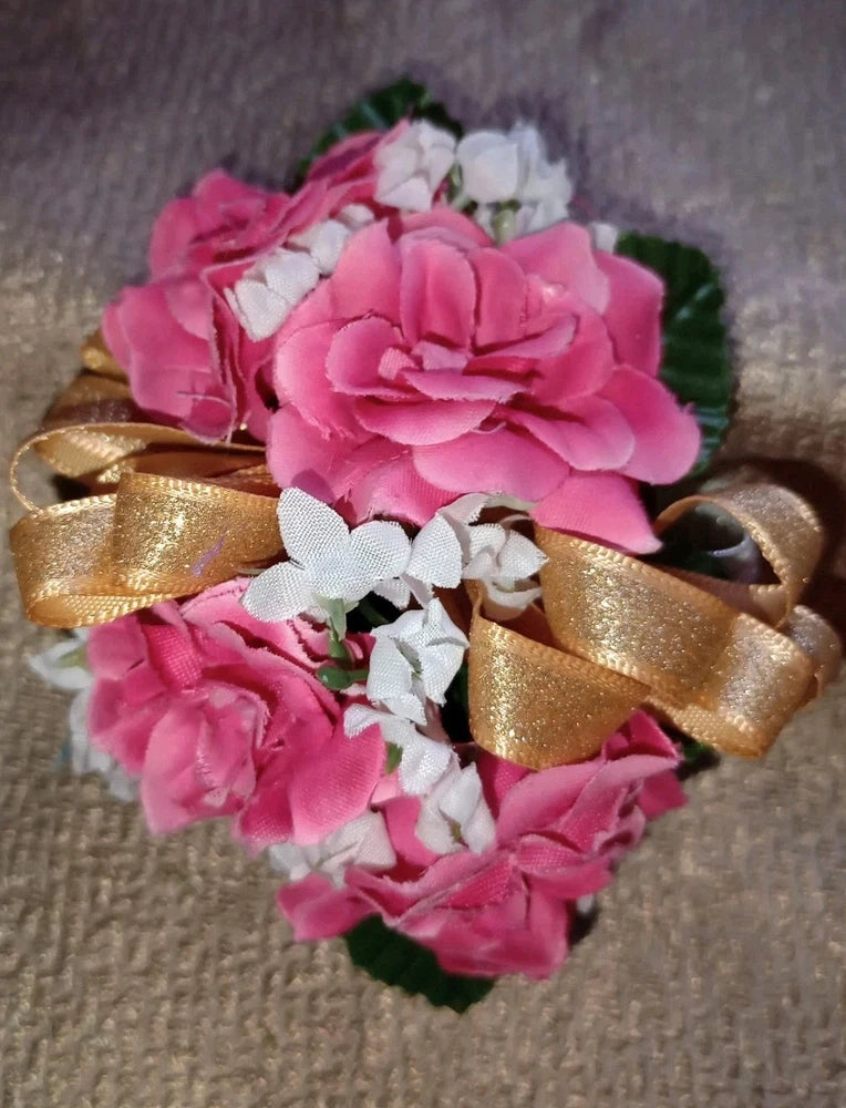NEW 4" Long Artificial Hot Pink Rose Wrist Corsage With Sparkly Gold Bow Bouquet