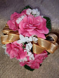 NEW 4" Long Artificial Hot Pink Rose Wrist Corsage With Sparkly Gold Bow Bouquet