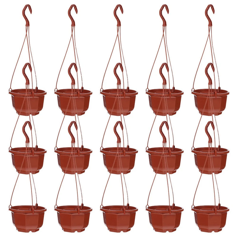 Hanging plastic flower pots set, terracotta brown, with rope hooks, 15-pack
