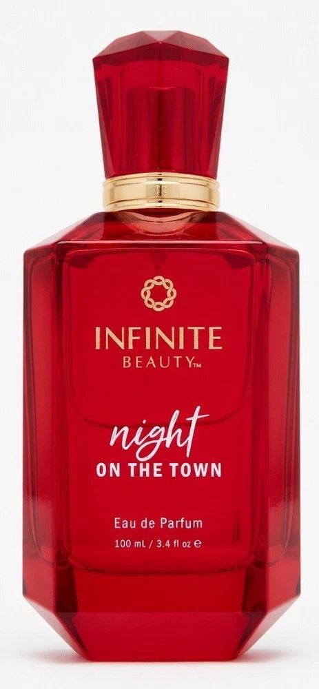 Women’s red faceted eau de parfum bottle with gold cap, labeled Night On The Town