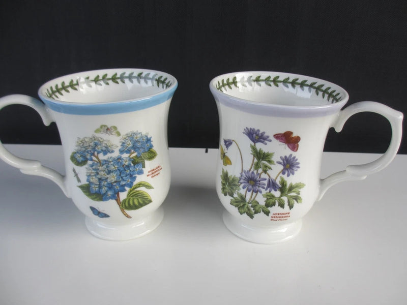 Portmeirion Botanic Garden Terrace 2 Footed Mugs: Hydrangea & Anemone. 10oz Hydrangea