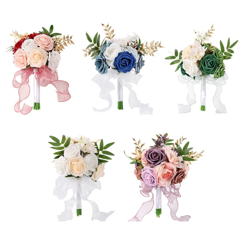 Silk rose bridesmaid bouquets with ribbon, mixed colors and leafy greenery, 5 styles shown