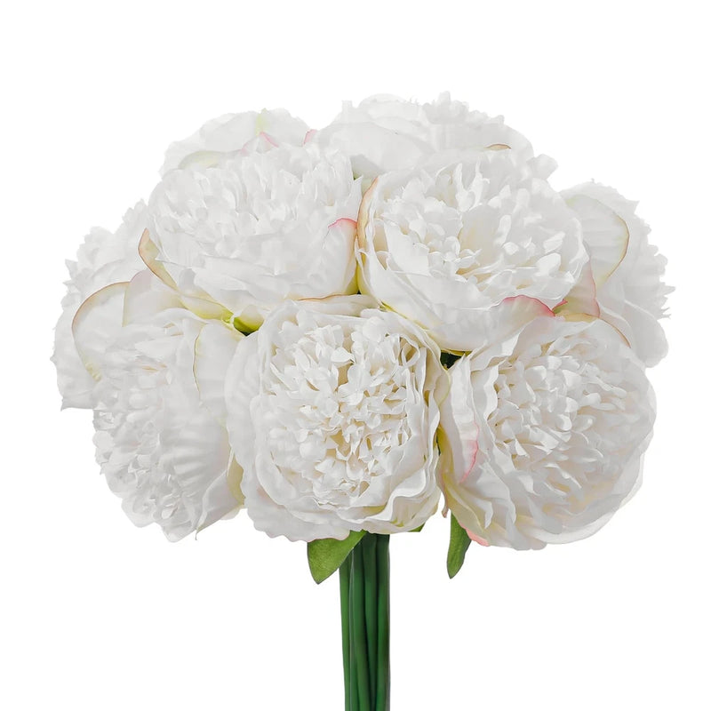 Set of 10 white artificial peony-style silk flowers with green stems