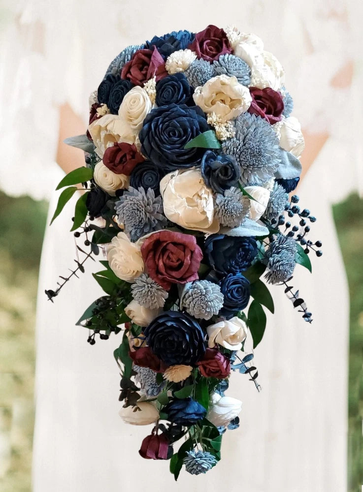Burgundy Dusty Blue Bridal Bouquet Navy Sola Wood Cascading Wedding Flowers Bouquet