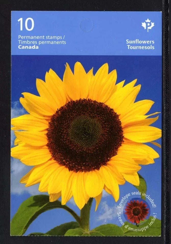 Sunflower permanent stamps booklet with blue cover and large yellow sunflower artwork