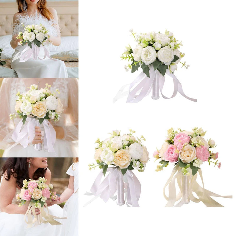 Ivory and blush rose bridesmaid bouquet with ribbons and small greenery accents