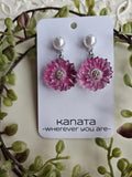 Women Earrings Flower Mother's Day Gift Pink Daisy W/Pearl Dangle Handmade Daisies