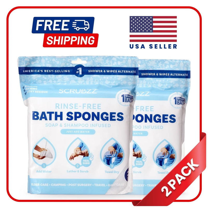 Disposable rinse-free bath sponges, 2-pack in blue packaging