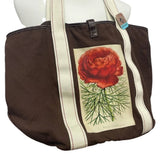 Hand Printed Upcycled Red Peony Flower Brown Canvas Cotton Tote Bag Purse Peony