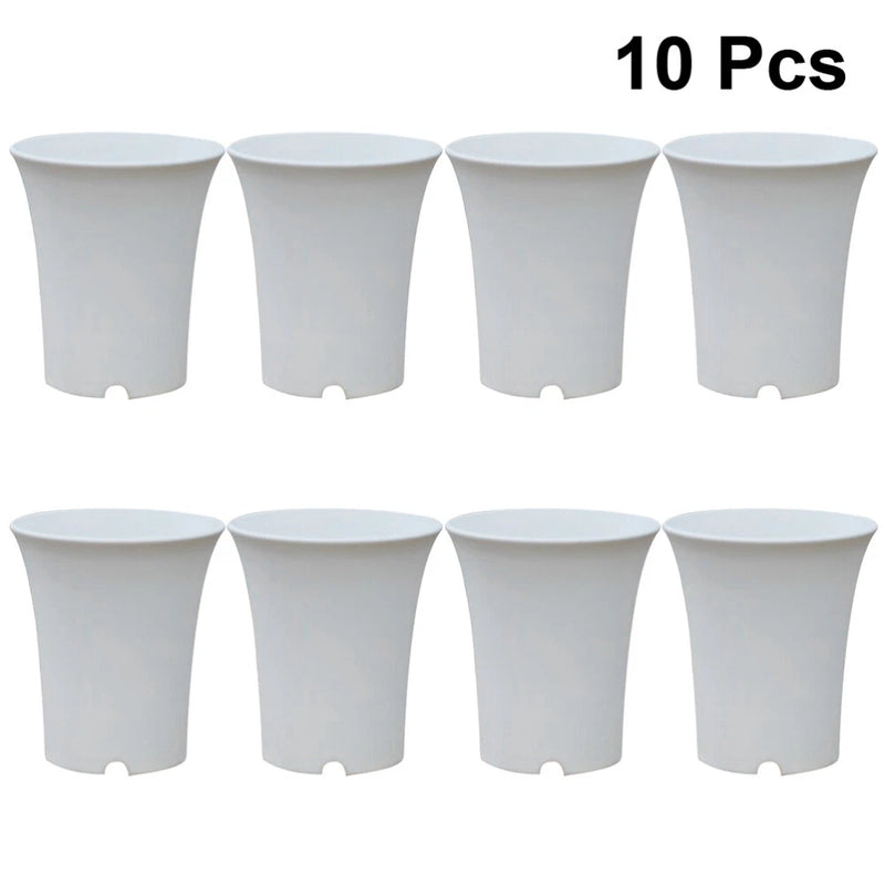Set of 10 white round plastic succulent planters with drainage holes
