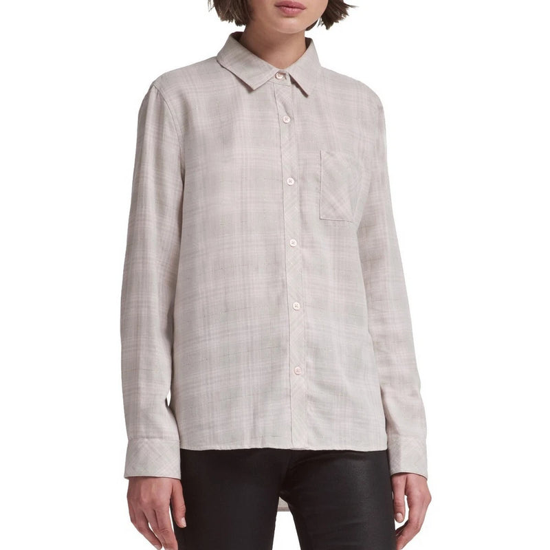Women’s metallic plaid button-down shirt, point collar, long sleeves, button front, pocket