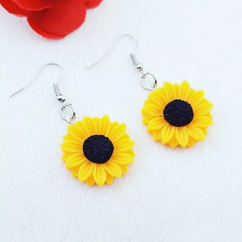 Sunflower dangle hook earrings with yellow petals and dark center