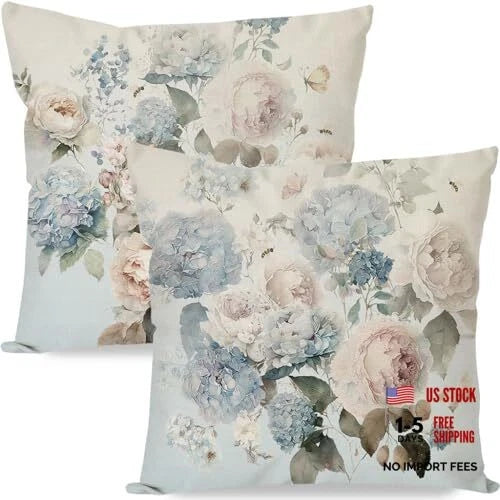 Peony and Hydrangea Floral Throw Pillow Covers 18" x 18" (Pack of 2) Blue Hydrangea