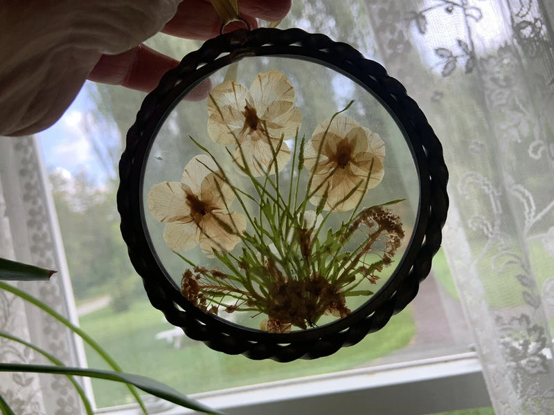 Round black-framed sun catcher with pressed dried flowers and leaves