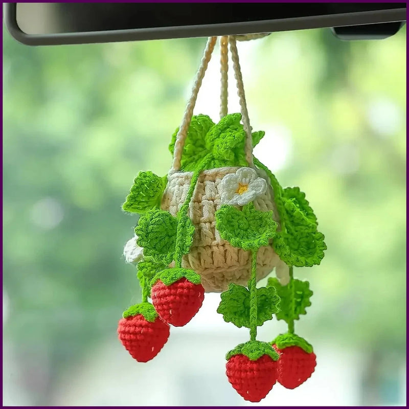 Crochet hanging basket charm with red strawberries and green leaves, mirror decor