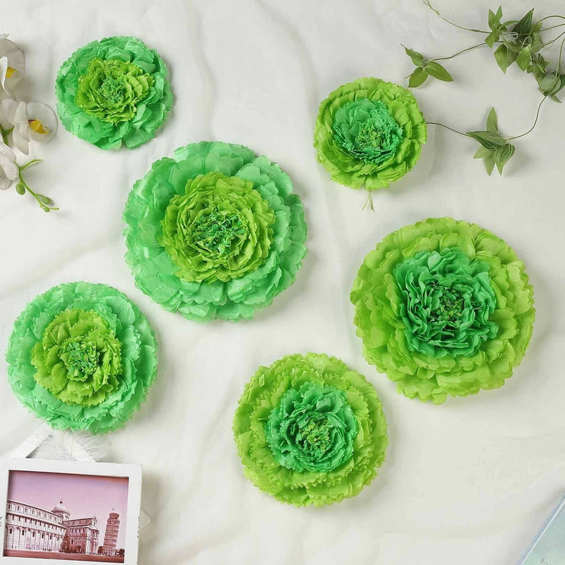 Mint and tea green tissue paper carnation flowers, five round blooms