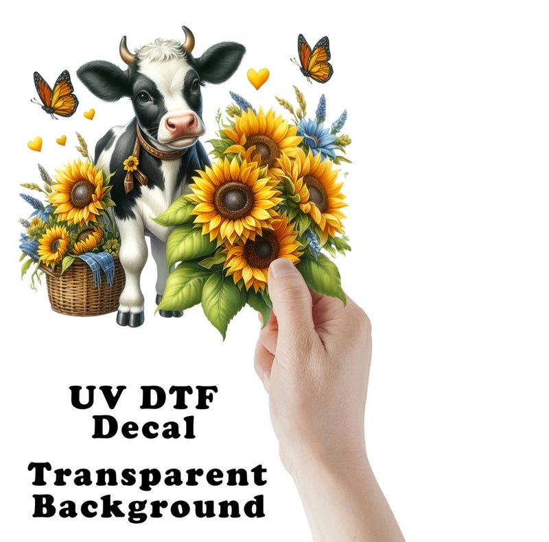 Transparent UV DTF sticker with black-and-white cow, sunflowers, and butterflies
