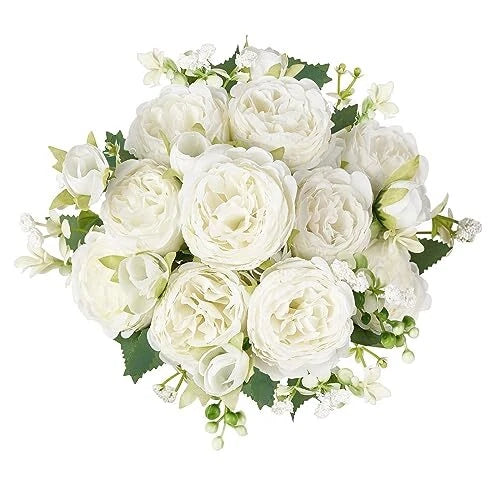 Small white peony artificial flower bouquet with layered blooms and green leaves