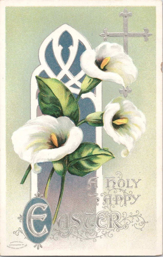 Vintage Postcard A Holy Happy Easter Calla Lilies Flowers & Silver Cross Lily