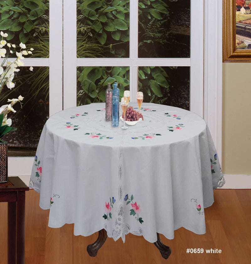 Round white cotton tablecloth with lace edge and applique roses, 68in.