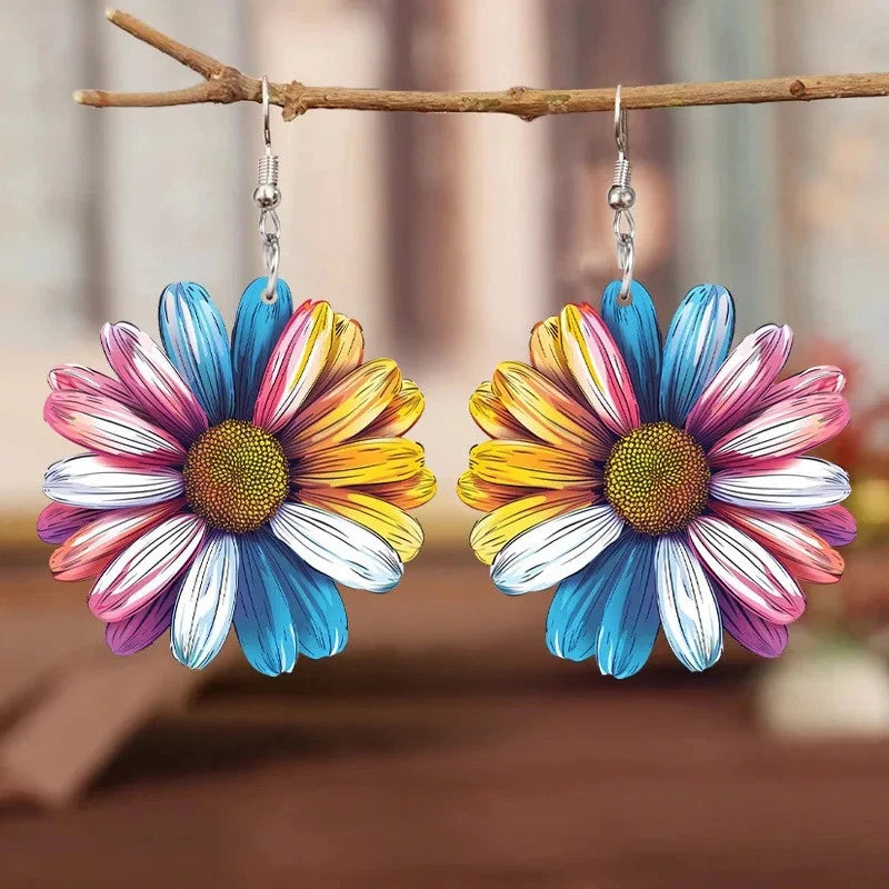 Colorful daisy-style hoop earrings with dangling multicolor flower and gold center