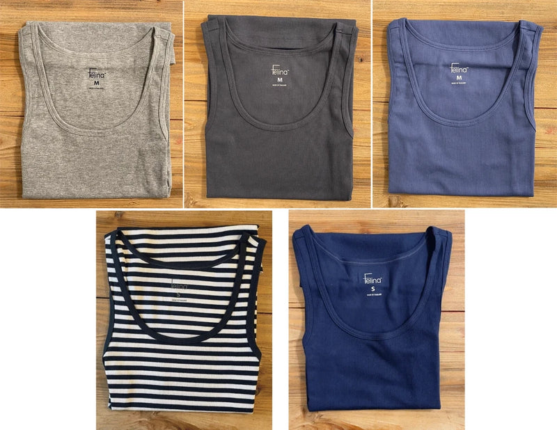 Cotton ribbed tank tops set in heather gray, dark gray, blue, and striped