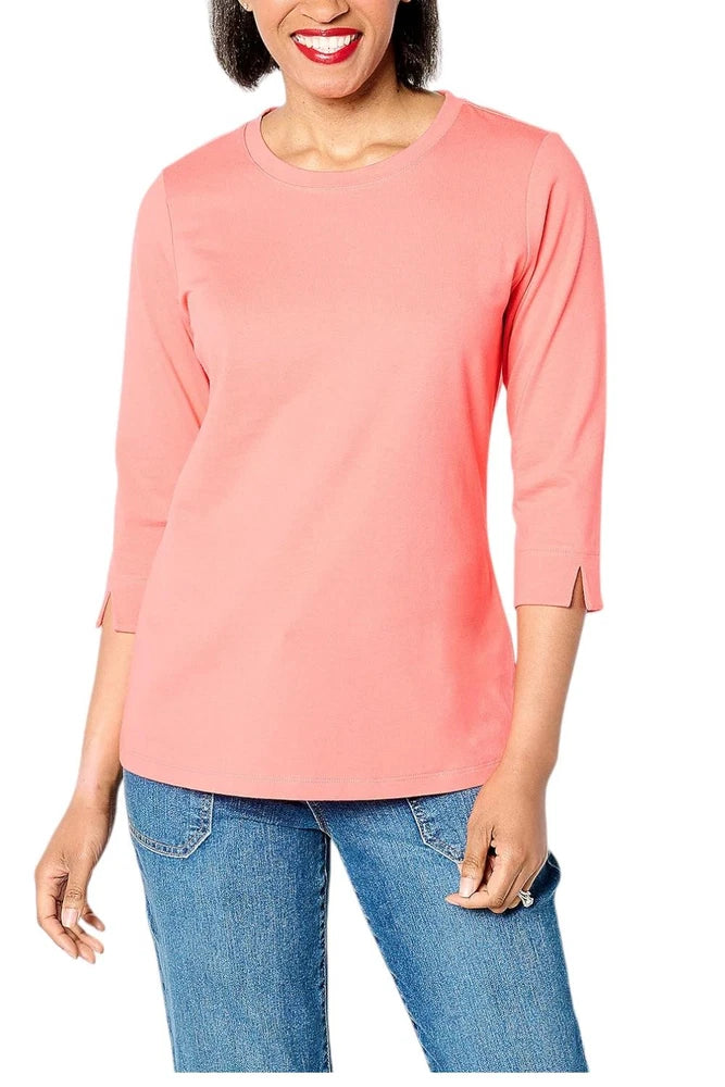Women's rose-pink jersey round-neck 3/4-sleeve top
