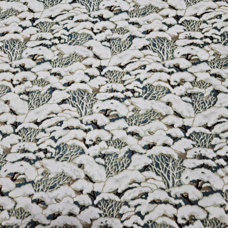 Winter Frost BTY Michael Miller Snow on Bushes Gold Metallic Dark Blue Flowering Plants