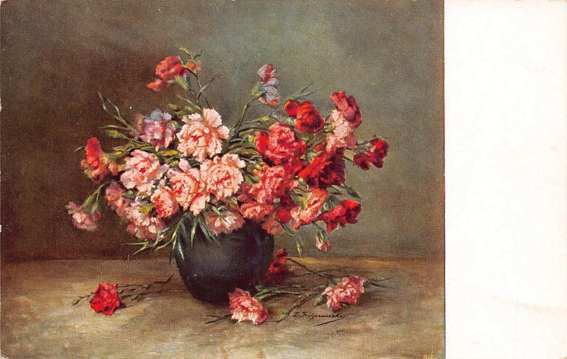 Vintage postcard: pink and red carnations in a dark vase