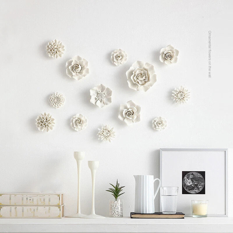 White ceramic 3D flower wall decor set of small raised blossoms