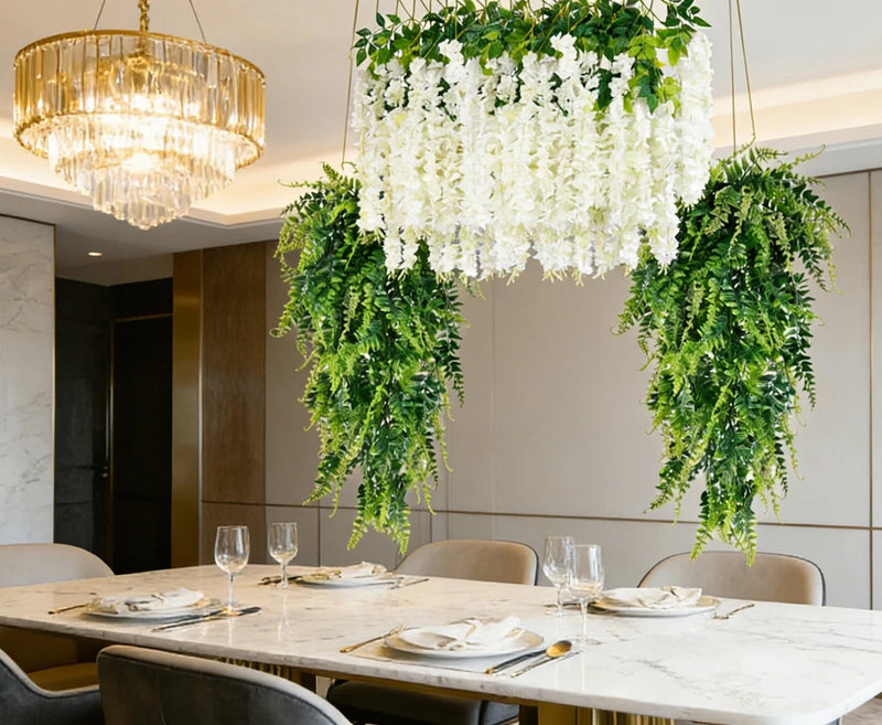 Artificial wisteria vine garland with cascading white blossoms and green fern leaves
