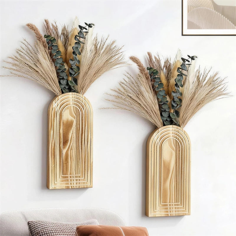 Wooden Wall Vase Set of 2 with Dried Pampas Grass & Eucalyptus Ð Boho Farm Pampas Grass