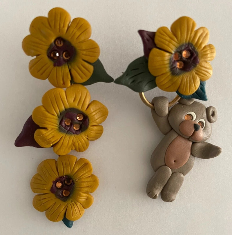 Bear charm earrings with yellow sunflower flowers and dark center studs