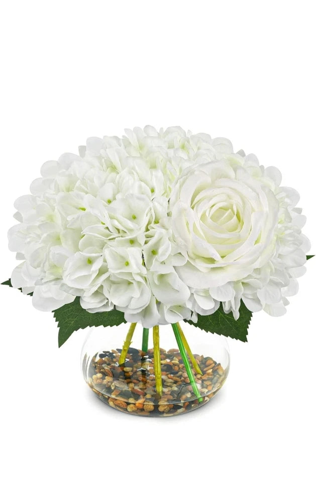 Artificial Hydrangea Flowers with Vase White Fake Flowers with Rose Faux... Hydrangea