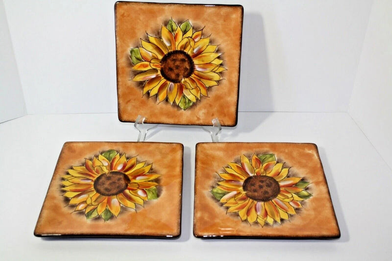 Set of 3 square sunflower salad plates with brown stoneware and hand-painted blooms