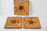 Set of 3 Clay Art Salad Plates, StoneLite Sunflower Hand Painted, 8"in Sunflower