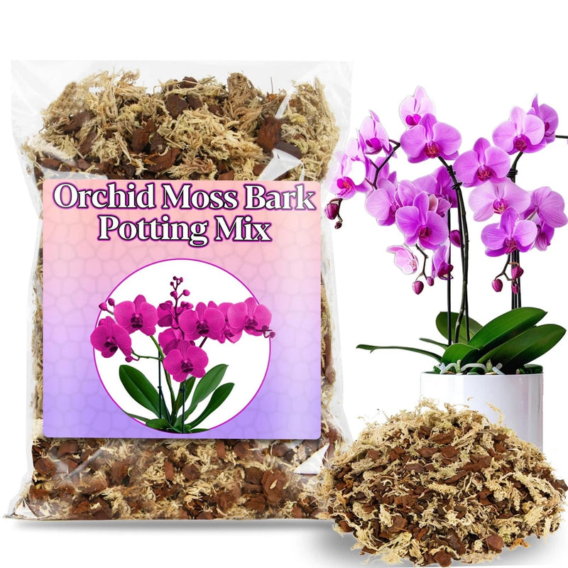 Orchid potting mix bag with moss bark and sphagnum moss, shown with purple orchid blooms