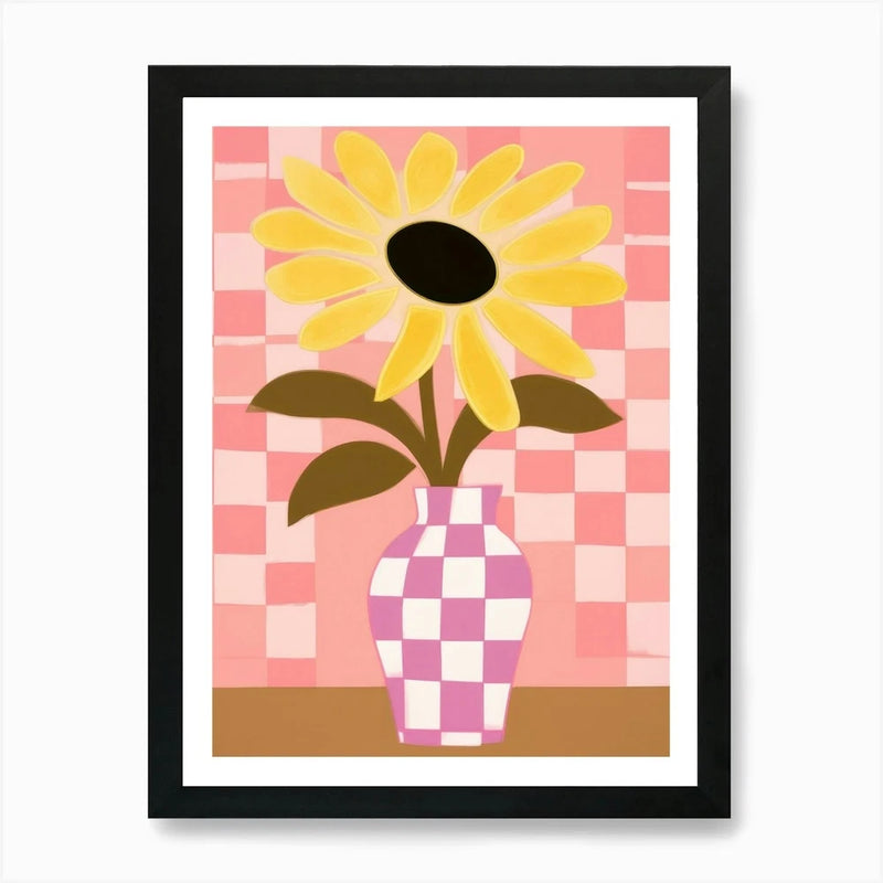 Framed sunflower flower art print with yellow bloom and checkered vase
