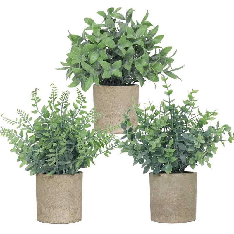 3 Pack Small Fake Plants, Artificial Eucalyptus, Boston Fern & Boxwood Leaves... Green Plant