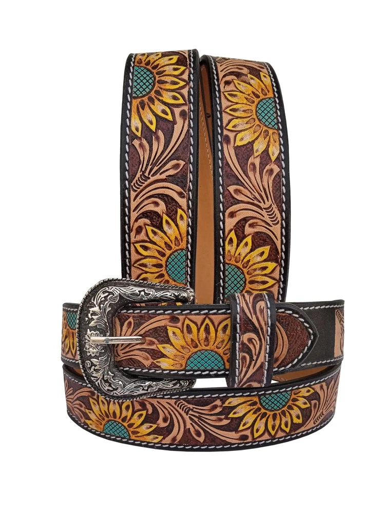 Hand-tooled western leather belt with sunflower floral pattern and silver buckle