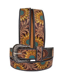 Affilare Handcrafted Western Leather Belt Sunflower Tooled Floral Design Sunflower