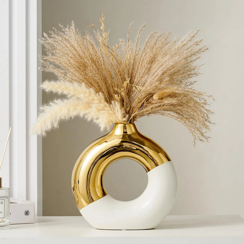 New FJS Ceramic Donut Vase 8" L x H White and Gold Round Vase for Pampas Grass Pampas Grass
