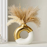 New FJS Ceramic Donut Vase 8" L x H White and Gold Round Vase for Pampas Grass Pampas Grass