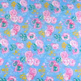 Little Yellow Flowers & Pink Roses on Capri Blue, Cotton, Per 1/2 Yd Flowering Plants