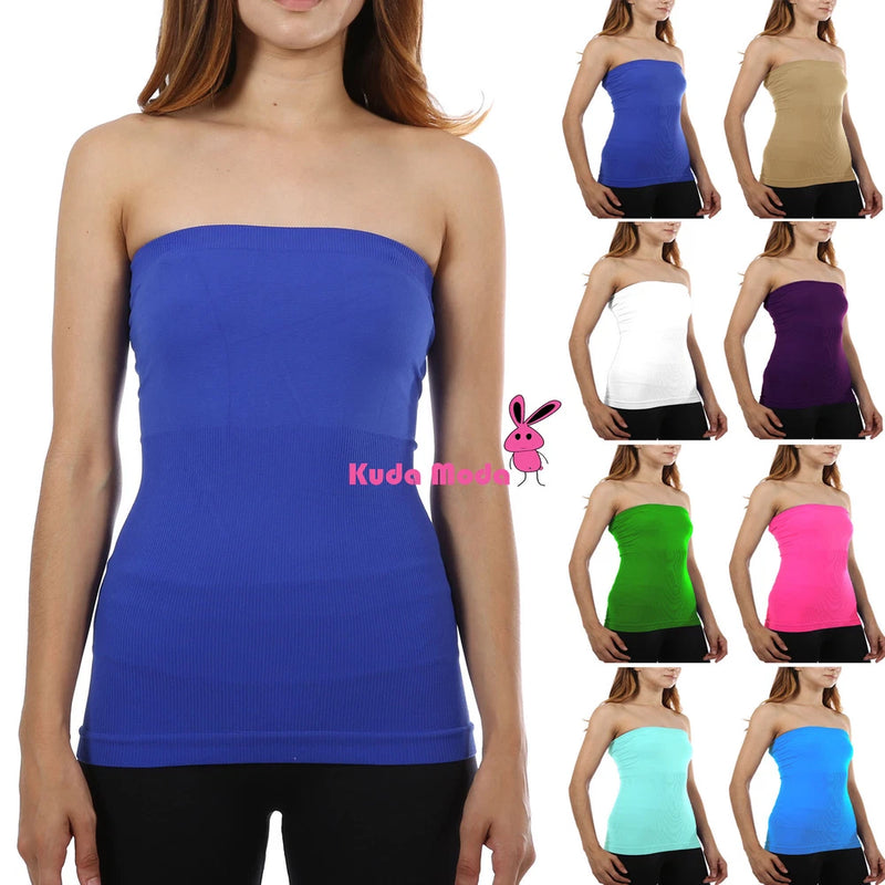 Blue strapless bandeau tube top, seamless stretch knit, slim fit.