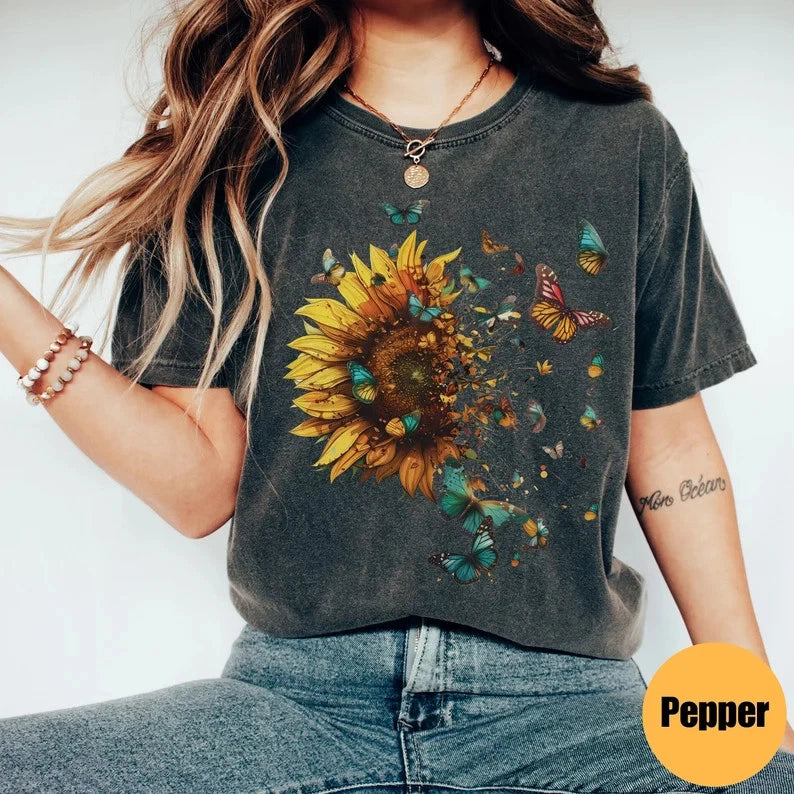 Dark gray comfort tee with large sunflower and colorful butterflies on front